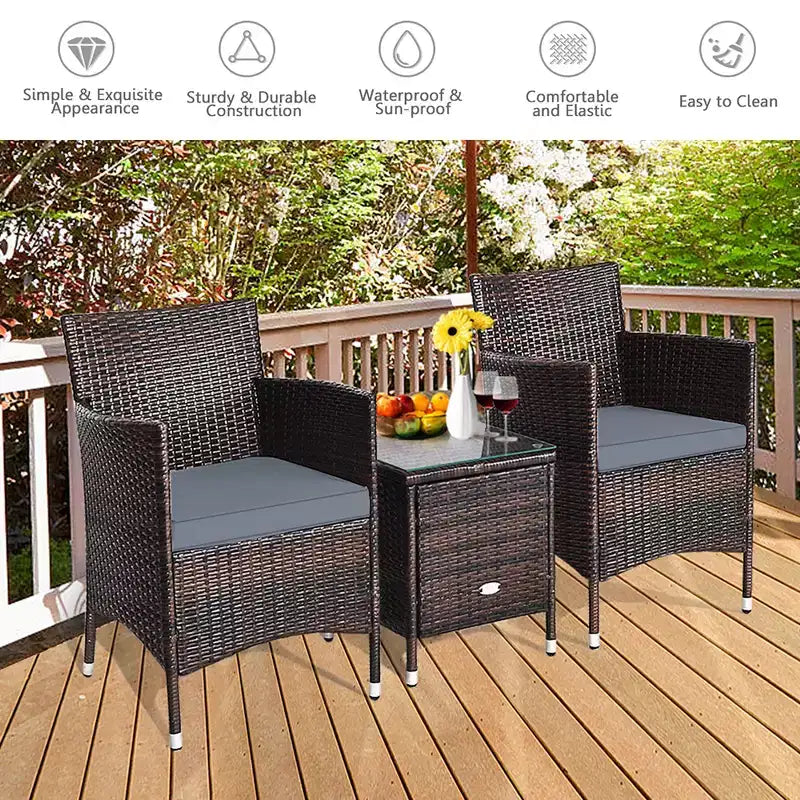 Costway Outdoor 3-teiliges PE Rattan Lounge Set mit Stühlen und Couchtisch für den Garten