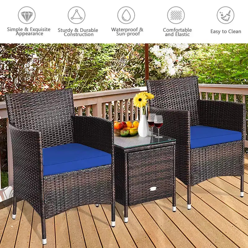 Costway Outdoor 3-teiliges PE Rattan Lounge Set mit Stühlen und Couchtisch für den Garten