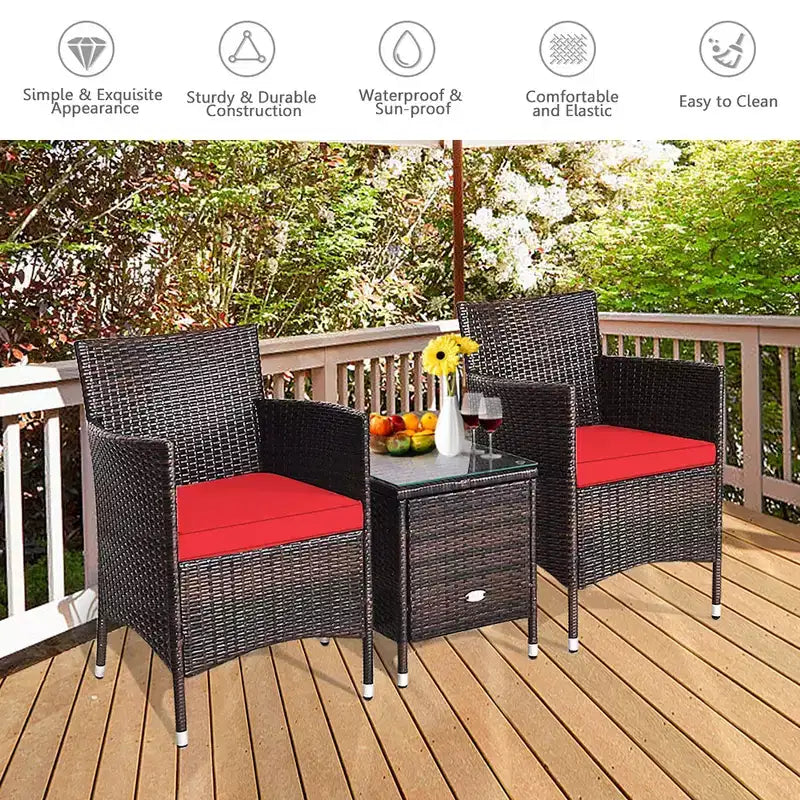 Costway Outdoor 3-teiliges PE Rattan Lounge Set mit Stühlen und Couchtisch für den Garten