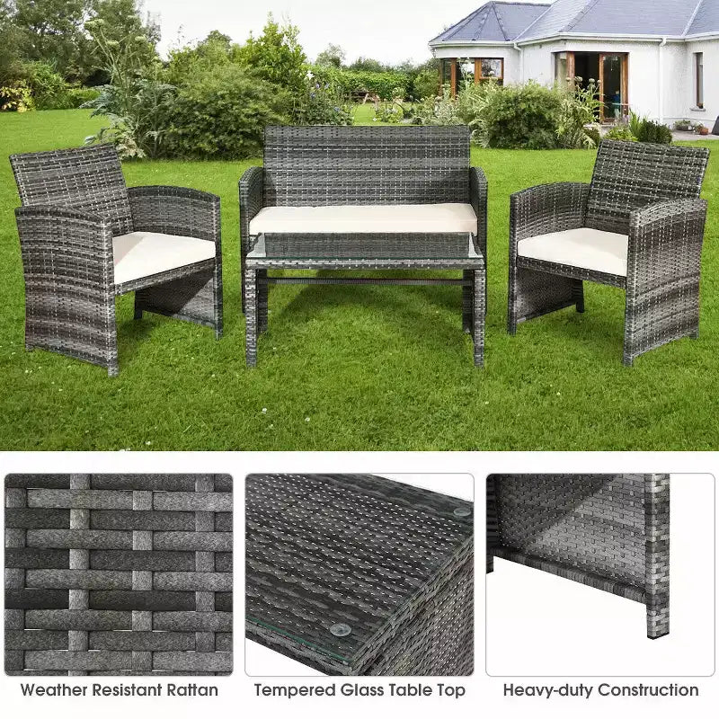 Costway 4-teiliges Rattan-Loungeset Gartensofa mit Kissen, gemischtes graues Polyrattan