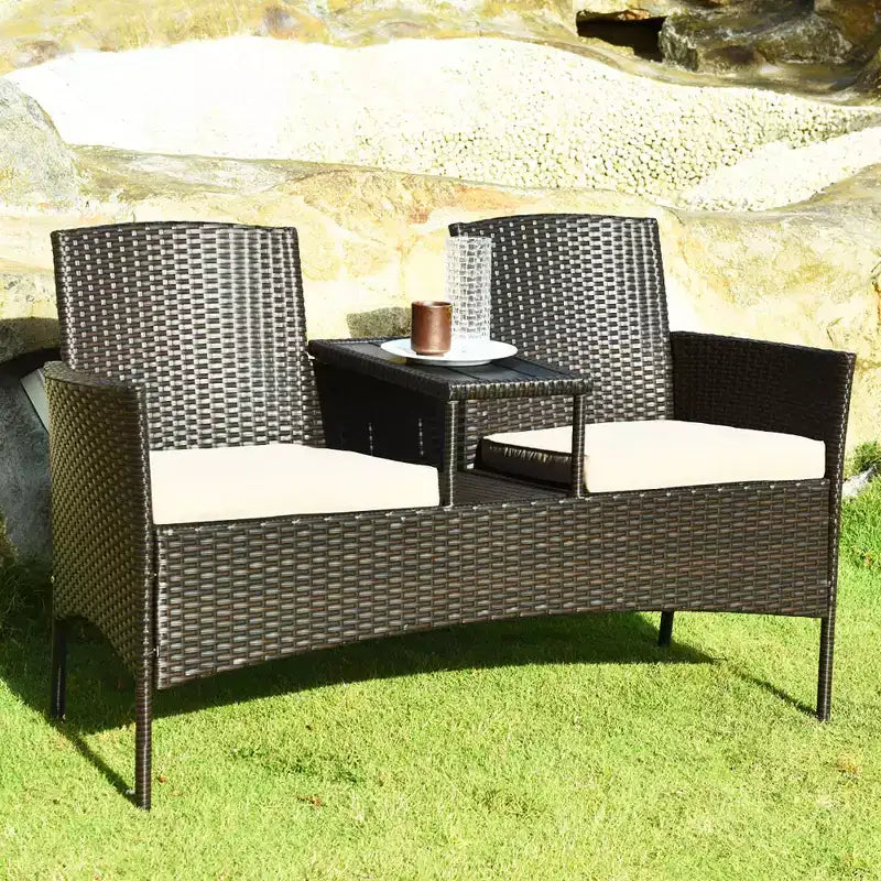 Costway Patentiertes Patio Rattan Lounge Set Zweisitzer Sofa Gepolsterter Couchtisch Mix Braun