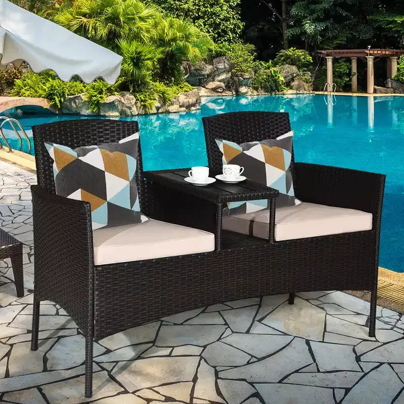 Costway Patentiertes Patio Rattan Lounge Set Zweisitzer Sofa Gepolsterter Couchtisch Mix Braun