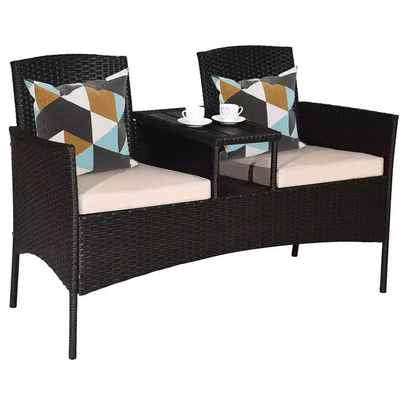 Costway Patentiertes Patio Rattan Lounge Set Zweisitzer Sofa Gepolsterter Couchtisch Mix Braun