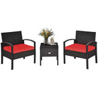 Costway 3-teiliges Terrassen-Rattan-Möbelset Aufbewahrungstisch gepolstertes Sofa Deck Rot\Türkis\Weiß