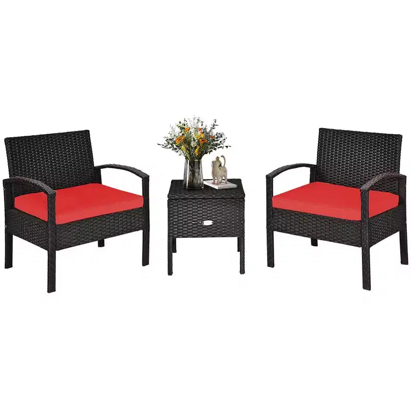 Costway 3-teiliges Terrassen-Rattan-Möbelset Aufbewahrungstisch gepolstertes Sofa Deck Rot\Türkis\Weiß