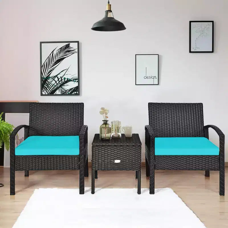 Costway 3-teiliges Terrassen-Rattan-Möbelset Aufbewahrungstisch gepolstertes Sofa Deck Rot\Türkis\Weiß