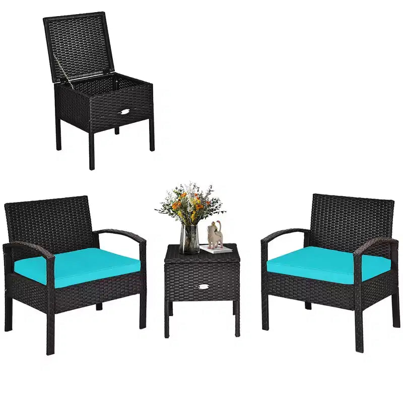 Costway 3-teiliges Terrassen-Rattan-Möbelset Aufbewahrungstisch gepolstertes Sofa Deck Rot\Türkis\Weiß
