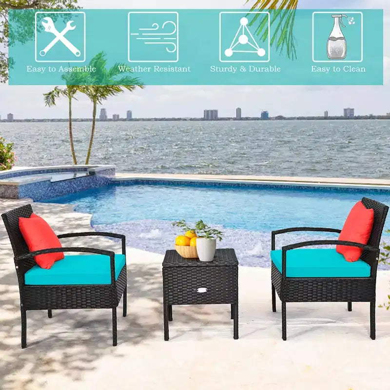 Costway 3-teiliges Terrassen-Rattan-Möbelset Aufbewahrungstisch gepolstertes Sofa Deck Rot\Türkis\Weiß