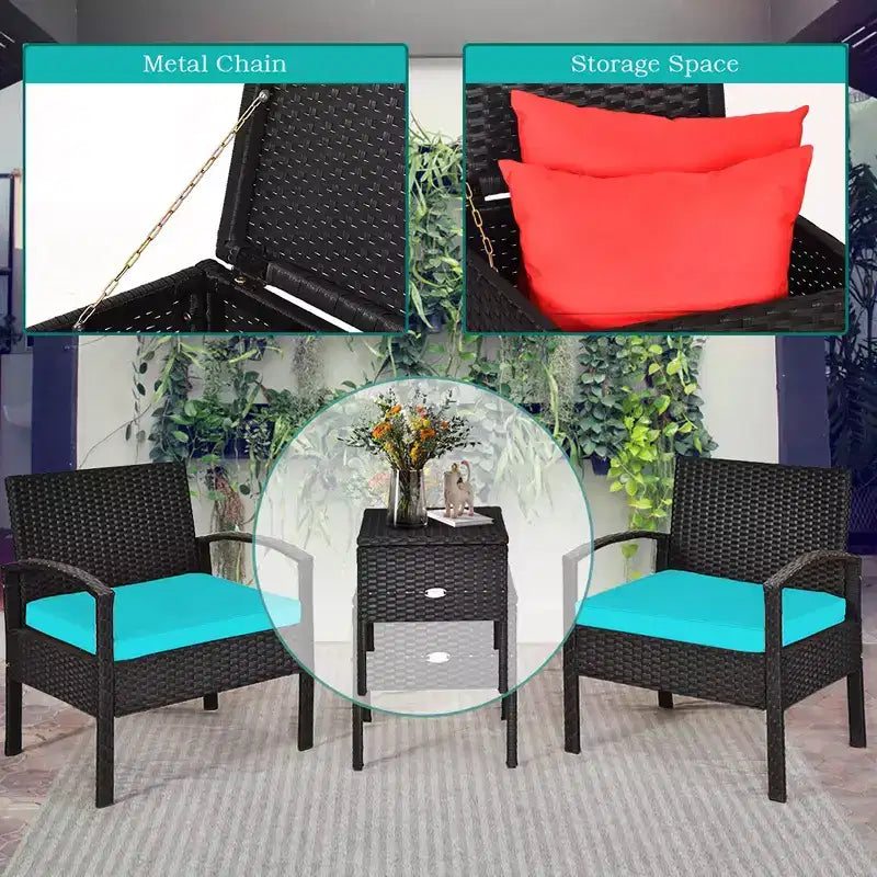 Costway 3-teiliges Terrassen-Rattan-Möbelset Aufbewahrungstisch gepolstertes Sofa Deck Rot\Türkis\Weiß