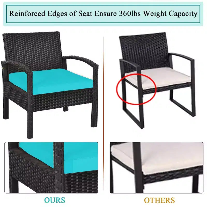 Costway 3-teiliges Terrassen-Rattan-Möbelset Aufbewahrungstisch gepolstertes Sofa Deck Rot\Türkis\Weiß