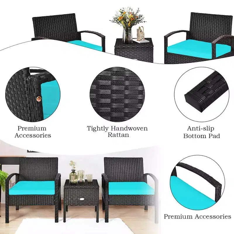 Costway 3-teiliges Terrassen-Rattan-Möbelset Aufbewahrungstisch gepolstertes Sofa Deck Rot\Türkis\Weiß