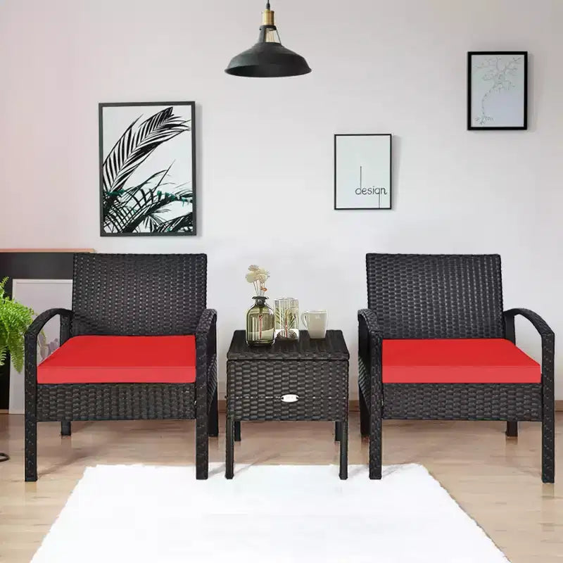 Costway 3-teiliges Terrassen-Rattan-Möbelset Aufbewahrungstisch gepolstertes Sofa Deck Rot\Türkis\Weiß