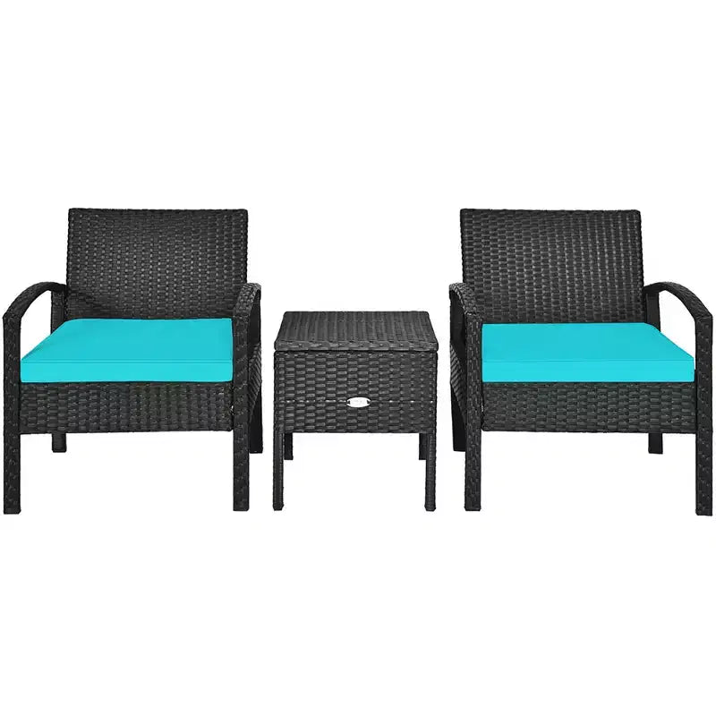 Costway 3-teiliges Terrassen-Rattan-Möbelset Aufbewahrungstisch gepolstertes Sofa Deck Rot\Türkis\Weiß