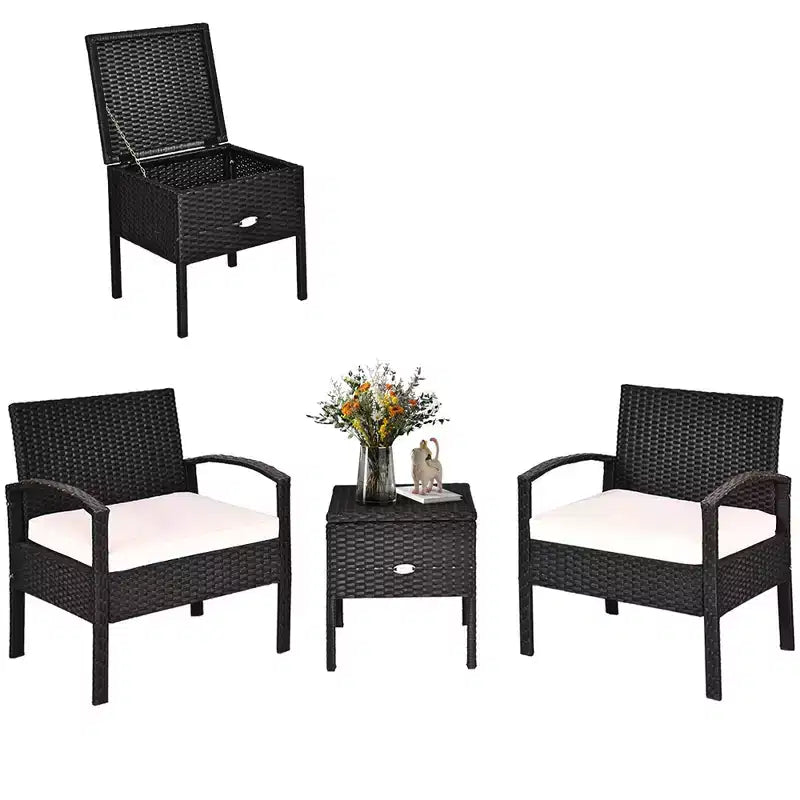 Costway 3-teiliges Terrassen-Rattan-Möbelset Aufbewahrungstisch gepolstertes Sofa Deck Rot\Türkis\Weiß
