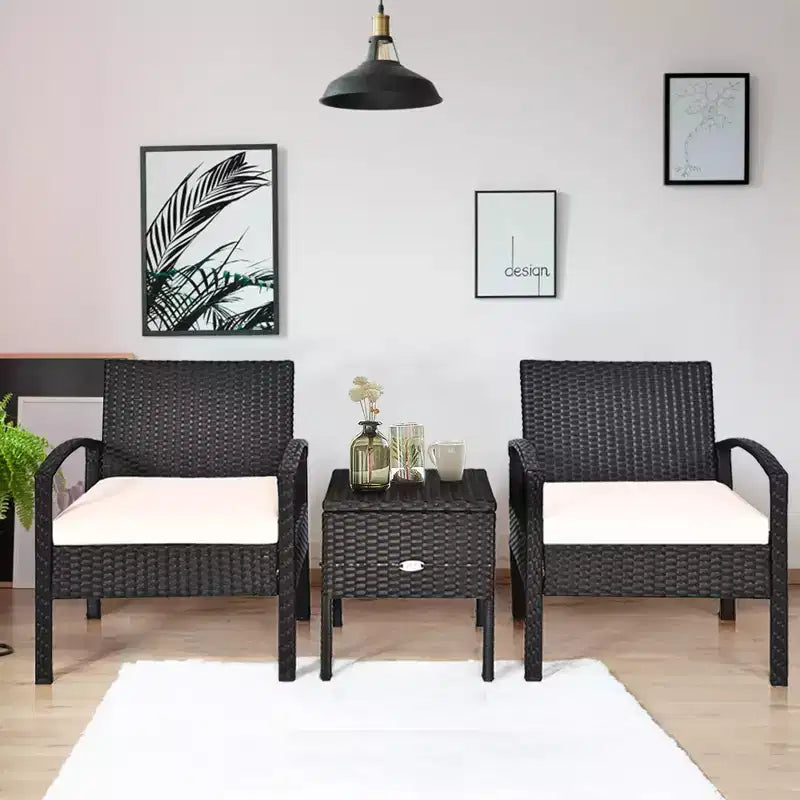 Costway 3-teiliges Terrassen-Rattan-Möbelset Aufbewahrungstisch gepolstertes Sofa Deck Rot\Türkis\Weiß
