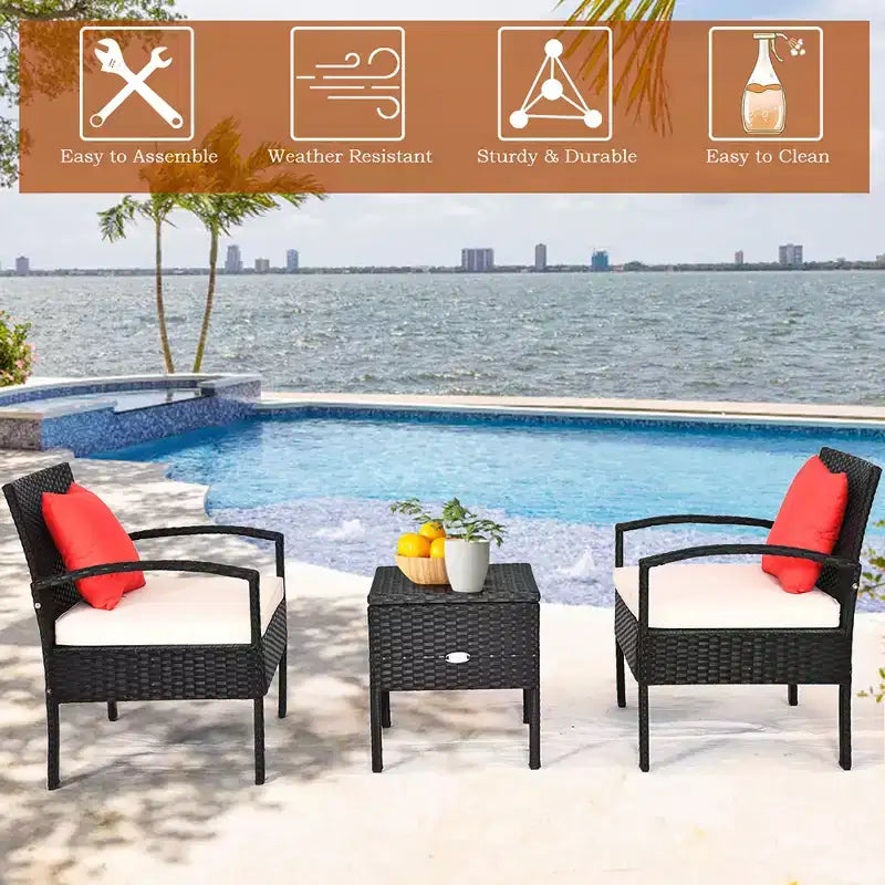 Costway 3-teiliges Terrassen-Rattan-Möbelset Aufbewahrungstisch gepolstertes Sofa Deck Rot\Türkis\Weiß