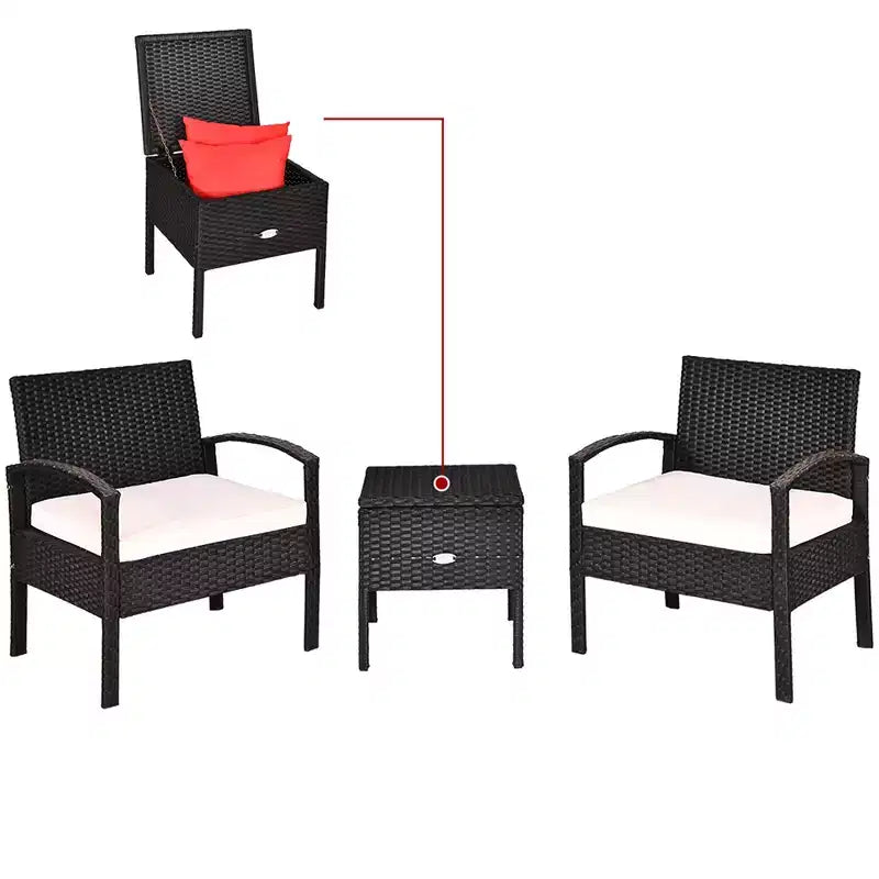 Costway 3-teiliges Terrassen-Rattan-Möbelset Aufbewahrungstisch gepolstertes Sofa Deck Rot\Türkis\Weiß