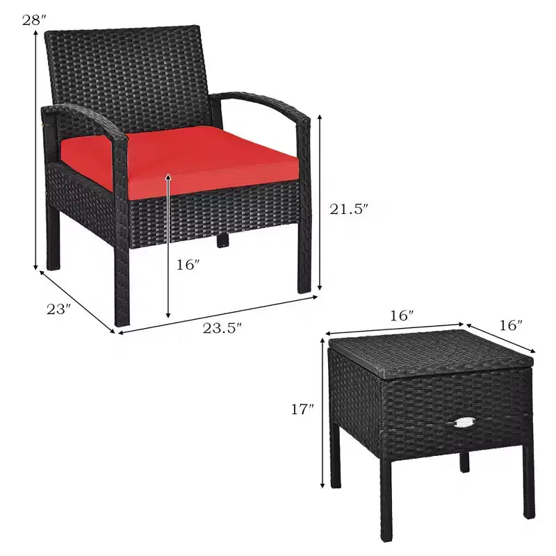 Costway 3-teiliges Terrassen-Rattan-Möbelset Aufbewahrungstisch gepolstertes Sofa Deck Rot\Türkis\Weiß