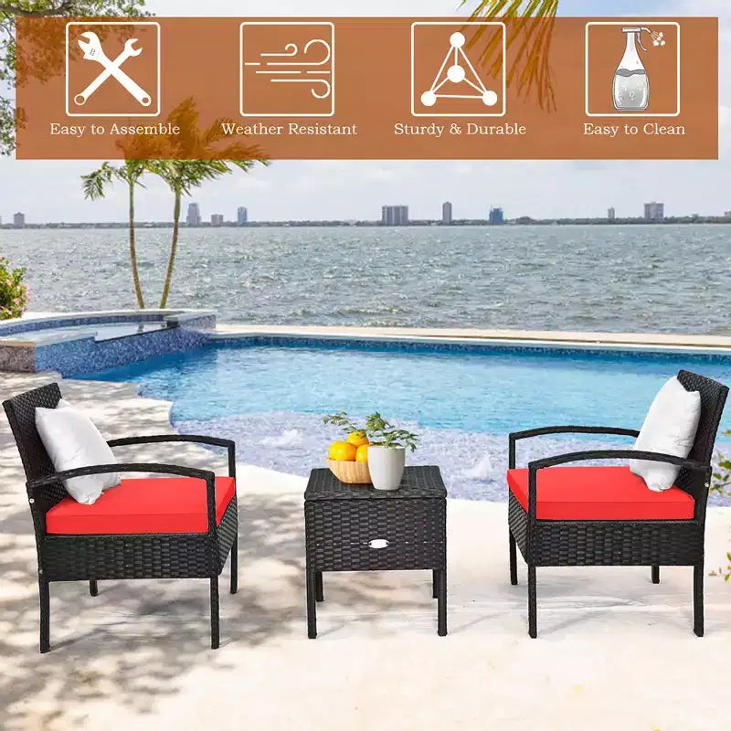 Costway 3-teiliges Terrassen-Rattan-Möbelset Aufbewahrungstisch gepolstertes Sofa Deck Rot\Türkis\Weiß