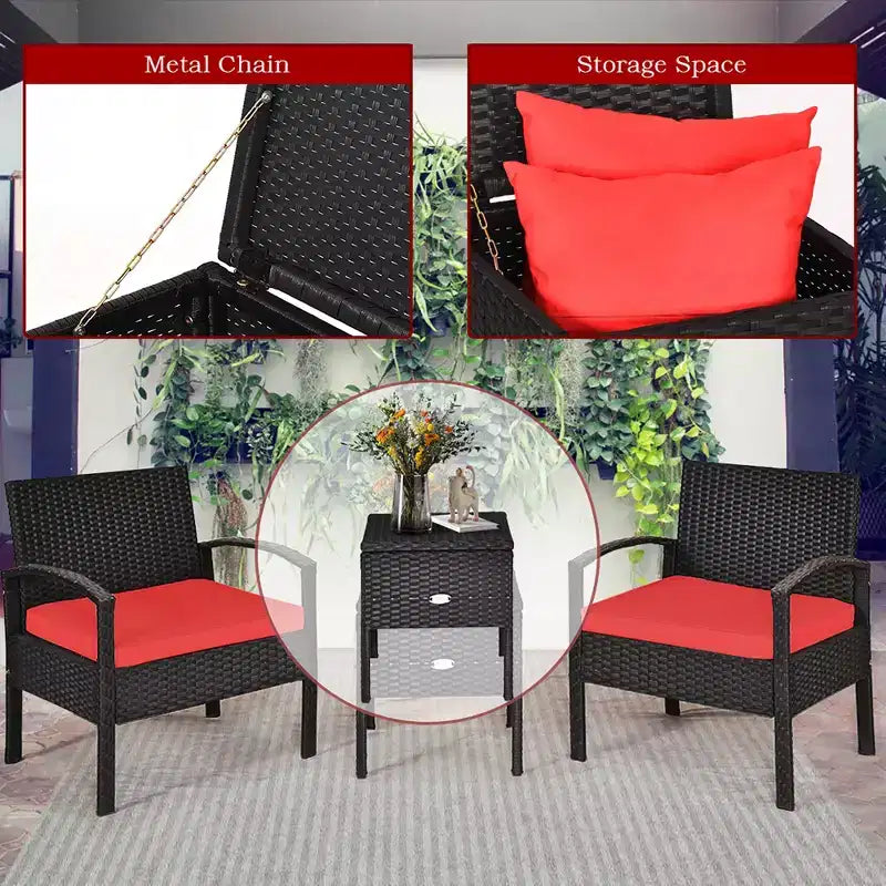 Costway 3-teiliges Terrassen-Rattan-Möbelset Aufbewahrungstisch gepolstertes Sofa Deck Rot\Türkis\Weiß