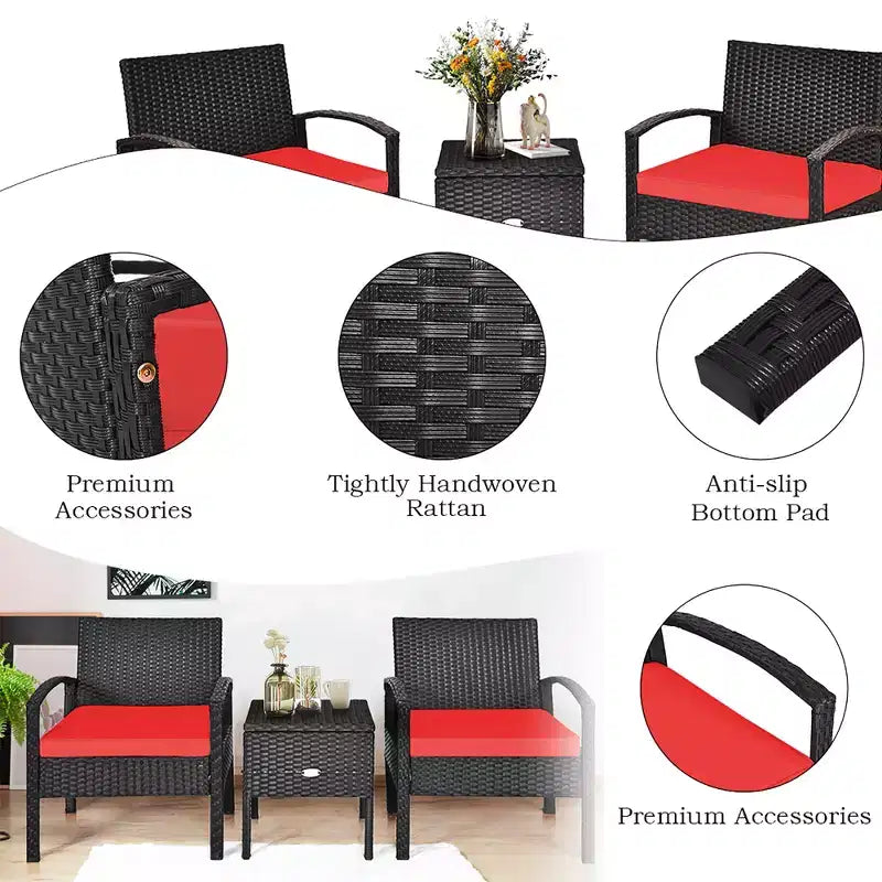 Costway 3-teiliges Terrassen-Rattan-Möbelset Aufbewahrungstisch gepolstertes Sofa Deck Rot\Türkis\Weiß