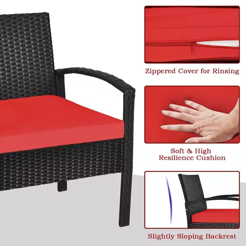 Costway 3-teiliges Terrassen-Rattan-Möbelset Aufbewahrungstisch gepolstertes Sofa Deck Rot\Türkis\Weiß