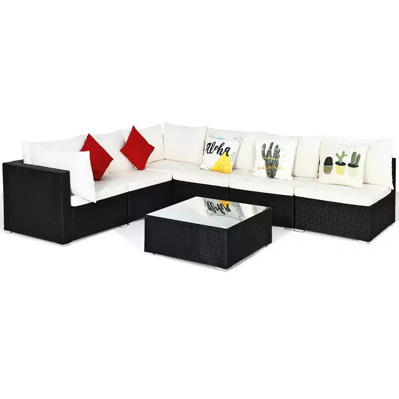 Costway 7PCS Patio Rattan Sofa Set Sectional Conversation Furniture Set Garden Beige/Navy/Gray