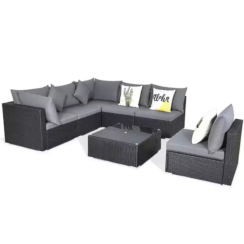 Costway 7-teiliges Rattan-Sofa-Set, Gartenmöbel-Sofa-Garnitur, Beige/Dunkelblau/Grau