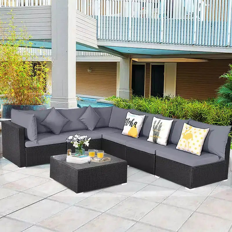 Costway 7-teiliges Rattan-Sofa-Set, Gartenmöbel-Sofa-Garnitur, Beige/Dunkelblau/Grau