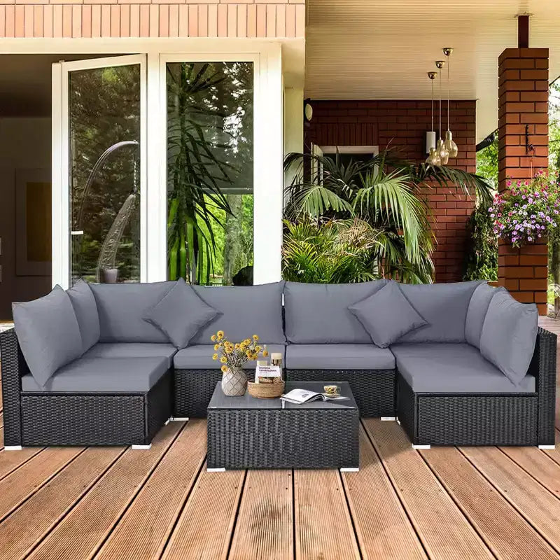 Costway 7-teiliges Rattan-Sofa-Set, Gartenmöbel-Sofa-Garnitur, Beige/Dunkelblau/Grau