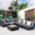 Costway 7-teiliges Rattan-Sofa-Set, Gartenmöbel-Sofa-Garnitur, Beige/Dunkelblau/Grau