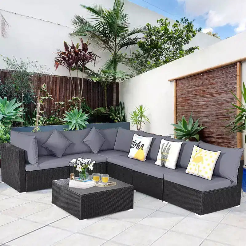 Costway 7-teiliges Rattan-Sofa-Set, Gartenmöbel-Sofa-Garnitur, Beige/Dunkelblau/Grau