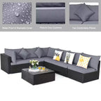 Costway 7-teiliges Rattan-Sofa-Set, Gartenmöbel-Sofa-Garnitur, Beige/Dunkelblau/Grau
