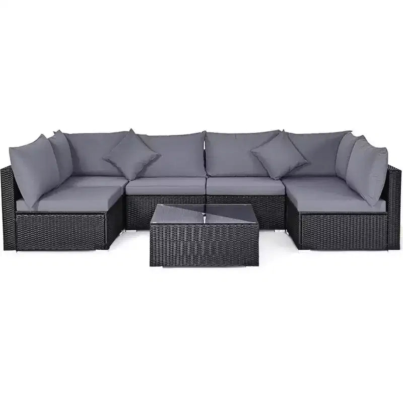 Costway 7-teiliges Rattan-Sofa-Set, Gartenmöbel-Sofa-Garnitur, Beige/Dunkelblau/Grau