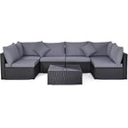 Costway 7-teiliges Rattan-Sofa-Set, Gartenmöbel-Sofa-Garnitur, Beige/Dunkelblau/Grau