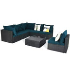 Costway 7-teiliges Rattan-Sofa-Set, Gartenmöbel-Sofa-Garnitur, Beige/Dunkelblau/Grau