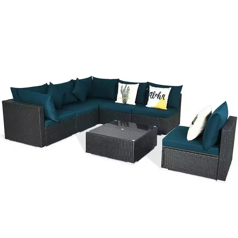 Costway 7-teiliges Rattan-Sofa-Set, Gartenmöbel-Sofa-Garnitur, Beige/Dunkelblau/Grau
