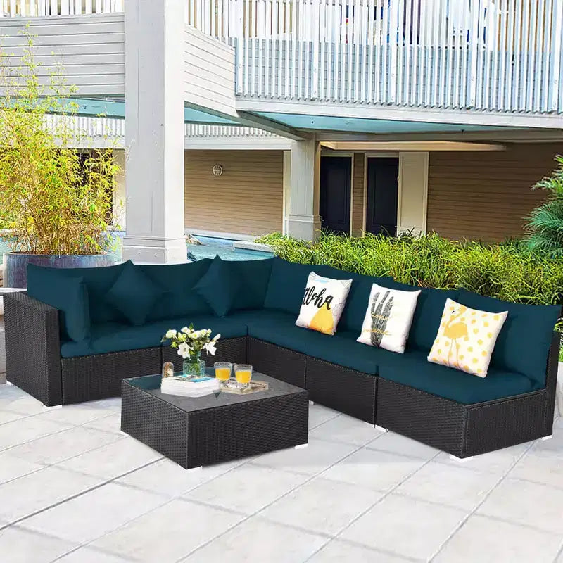Costway 7-teiliges Rattan-Sofa-Set, Gartenmöbel-Sofa-Garnitur, Beige/Dunkelblau/Grau