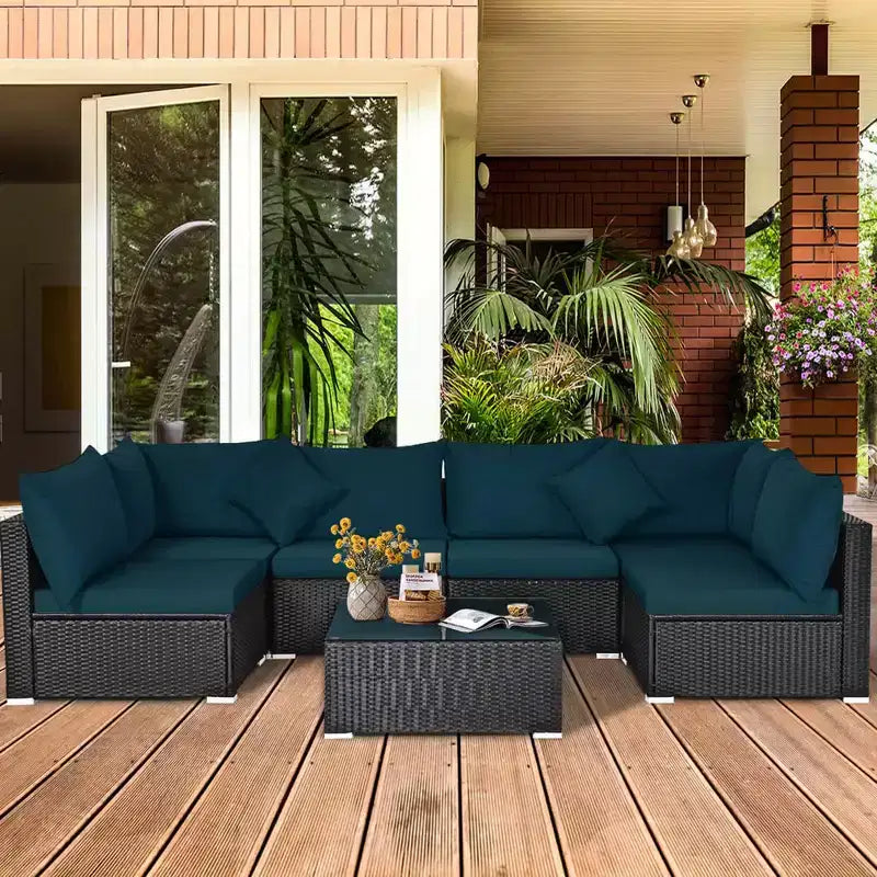Costway 7-teiliges Rattan-Sofa-Set, Gartenmöbel-Sofa-Garnitur, Beige/Dunkelblau/Grau
