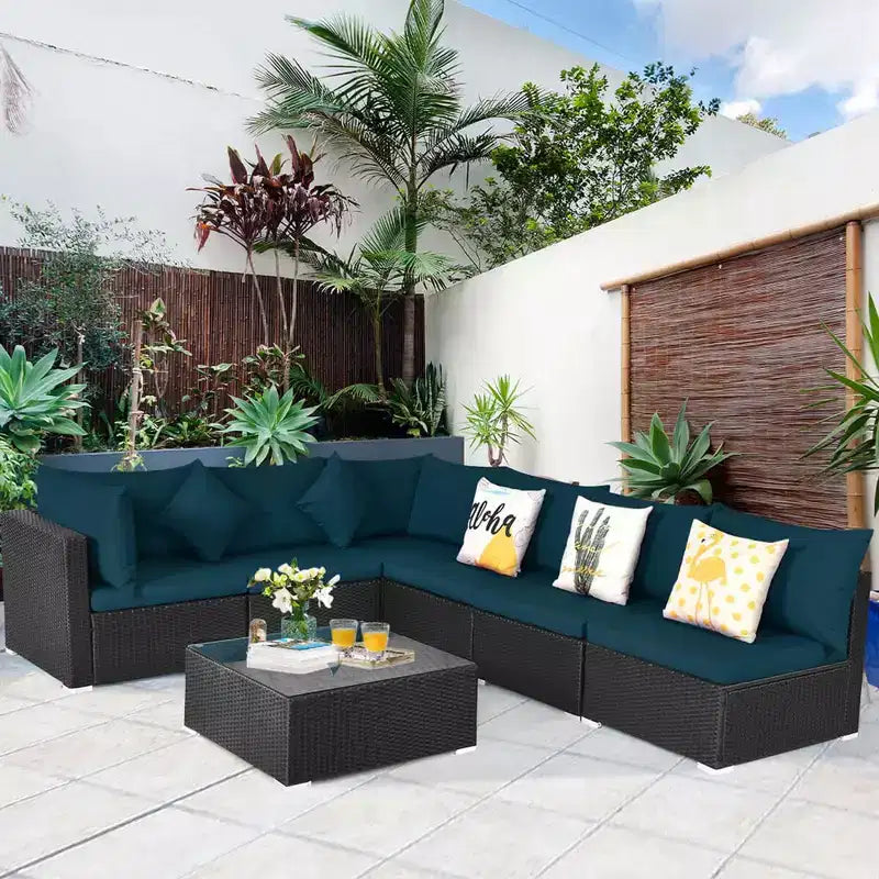 Costway 7-teiliges Rattan-Sofa-Set, Gartenmöbel-Sofa-Garnitur, Beige/Dunkelblau/Grau