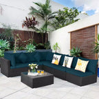 Costway 7-teiliges Rattan-Sofa-Set, Gartenmöbel-Sofa-Garnitur, Beige/Dunkelblau/Grau