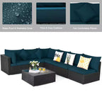 Costway 7-teiliges Rattan-Sofa-Set, Gartenmöbel-Sofa-Garnitur, Beige/Dunkelblau/Grau