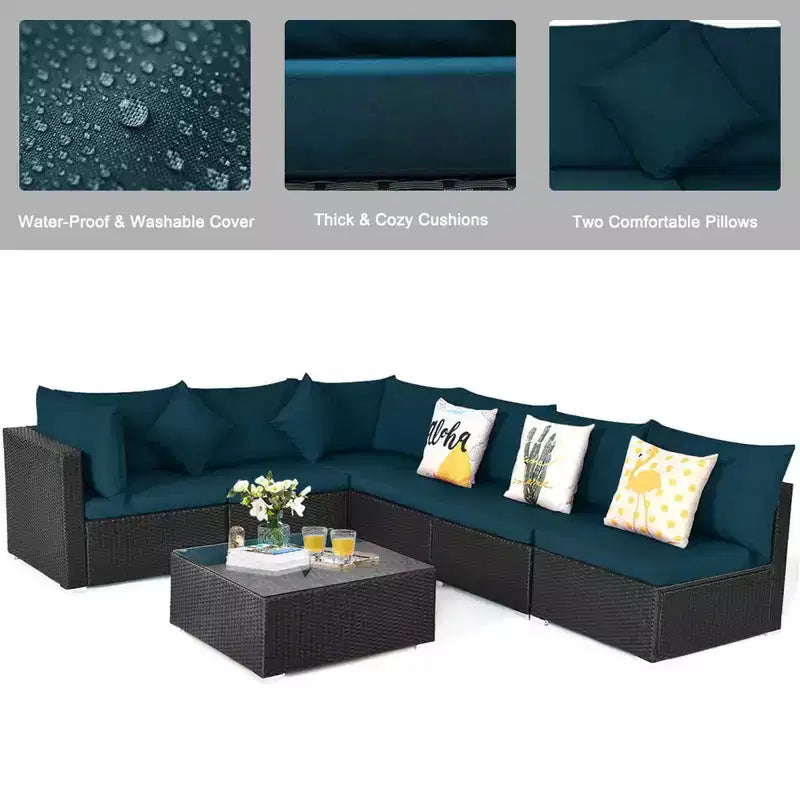 Costway 7-teiliges Rattan-Sofa-Set, Gartenmöbel-Sofa-Garnitur, Beige/Dunkelblau/Grau