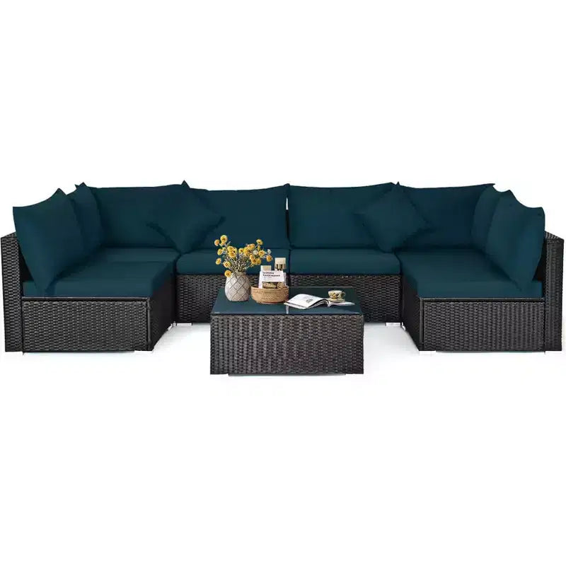 Costway 7-teiliges Rattan-Sofa-Set, Gartenmöbel-Sofa-Garnitur, Beige/Dunkelblau/Grau