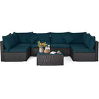 Costway 7-teiliges Rattan-Sofa-Set, Gartenmöbel-Sofa-Garnitur, Beige/Dunkelblau/Grau
