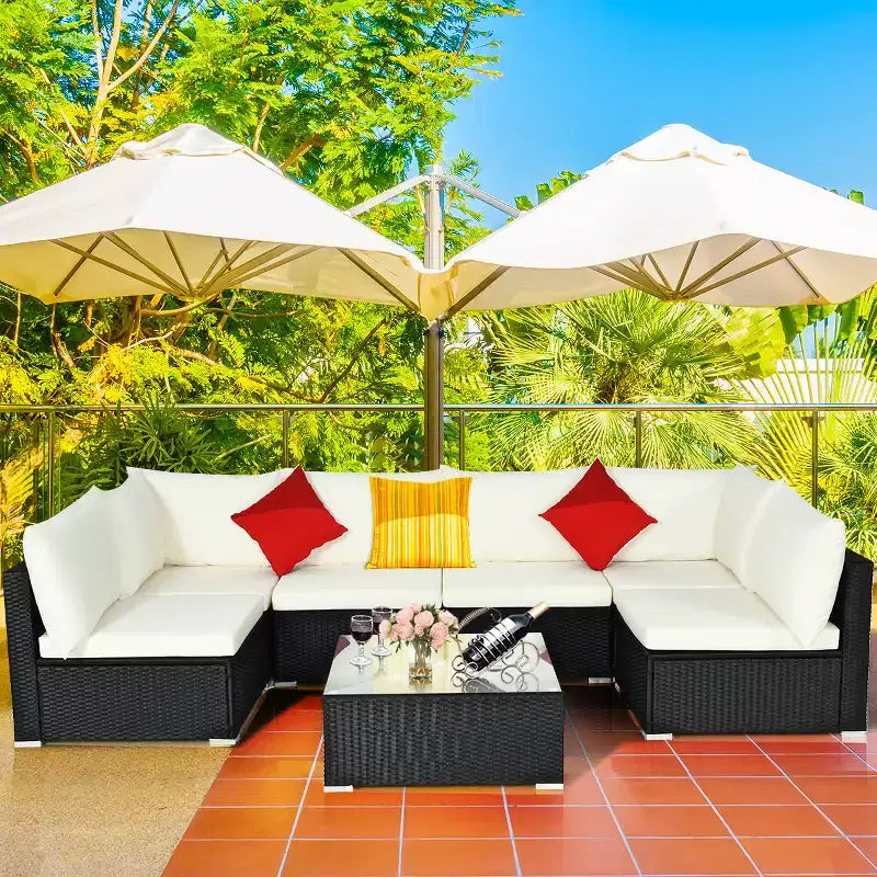 Costway 7-teiliges Rattan-Sofa-Set, Gartenmöbel-Sofa-Garnitur, Beige/Dunkelblau/Grau