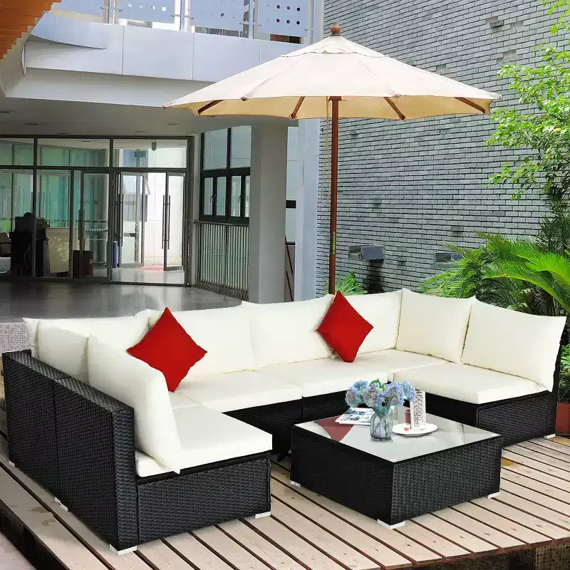 Costway 7-teiliges Rattan-Sofa-Set, Gartenmöbel-Sofa-Garnitur, Beige/Dunkelblau/Grau