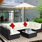 Costway 7-teiliges Rattan-Sofa-Set, Gartenmöbel-Sofa-Garnitur, Beige/Dunkelblau/Grau
