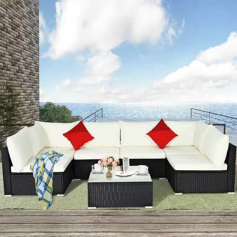 Costway 7-teiliges Rattan-Sofa-Set, Gartenmöbel-Sofa-Garnitur, Beige/Dunkelblau/Grau