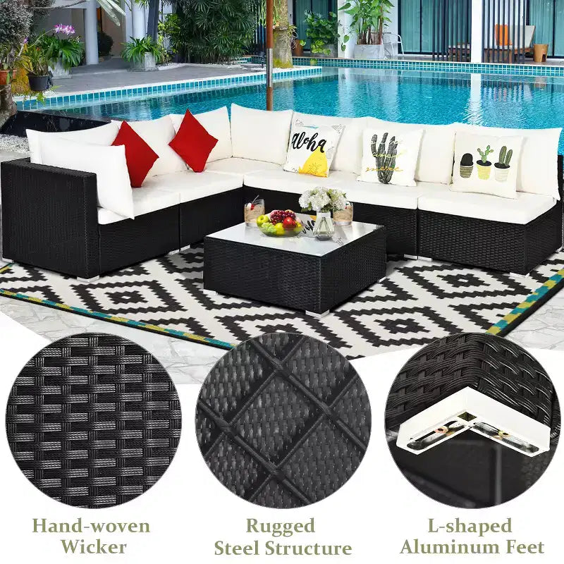 Costway 7-teiliges Rattan-Sofa-Set, Gartenmöbel-Sofa-Garnitur, Beige/Dunkelblau/Grau
